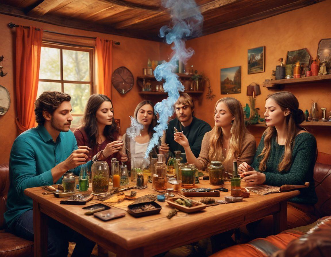 A vibrant gathering of diverse individuals sharing smoking accessories and enjoying alternatives in a cozy, colorful setting. Highlight various smoking gadgets like pipes, rolling papers, and herbal blends with an inviting ambiance and community spirit. Add subtle hints of smoke swirling around to convey a lively atmosphere. super-realistic. vibrant colors. cozy environment.