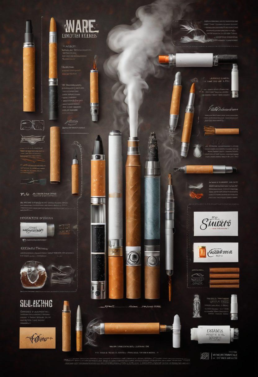 An intricately designed collage featuring various brands of cigarettes, each in its signature packaging, surrounded by a smoky ambiance. Include an elegant ashtray with a lit cigarette and a softly glowing lighter, set against a backdrop of a cozy lounge with plush seating. Add subtle hints of trends, such as electronic cigarettes and vape pens. Incorporate a stylish infographic design element that summarizes tips for smokers. super-realistic. warm tones. vintage style.