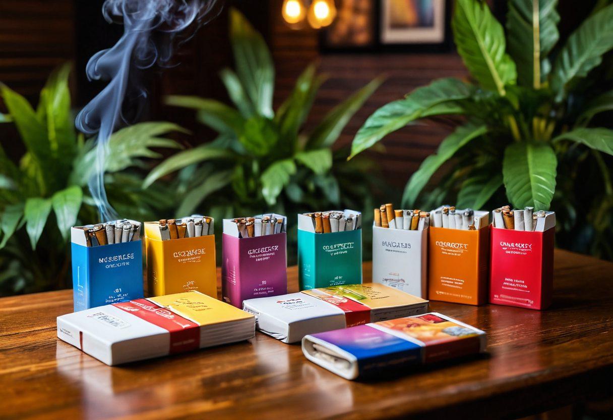 A stylish smoke lounge featuring an array of colorful, modern cigarette packs displayed artistically on a polished wooden table. In the background, a group of trendy, diverse young adults are engaged in lively conversation, surrounded by lush plants and ambient lighting. Capture the essence of sophistication and camaraderie in this smoking culture scene. super-realistic. vibrant colors. soft focus.